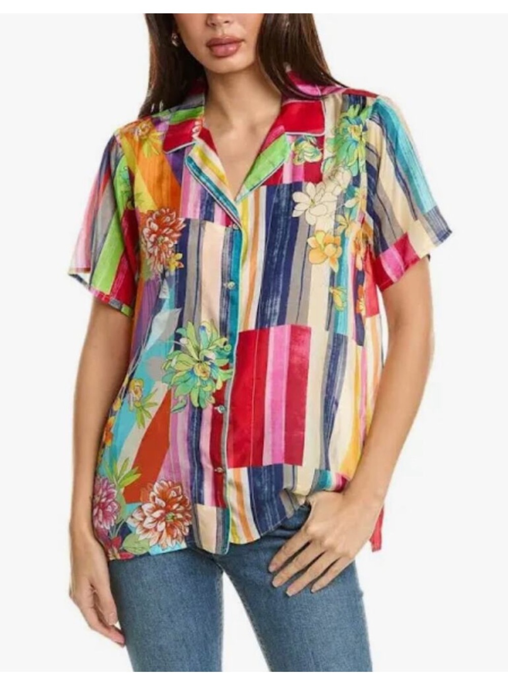 Johnny Was Summer Stripe Button Up 100% Silk top blouse XS